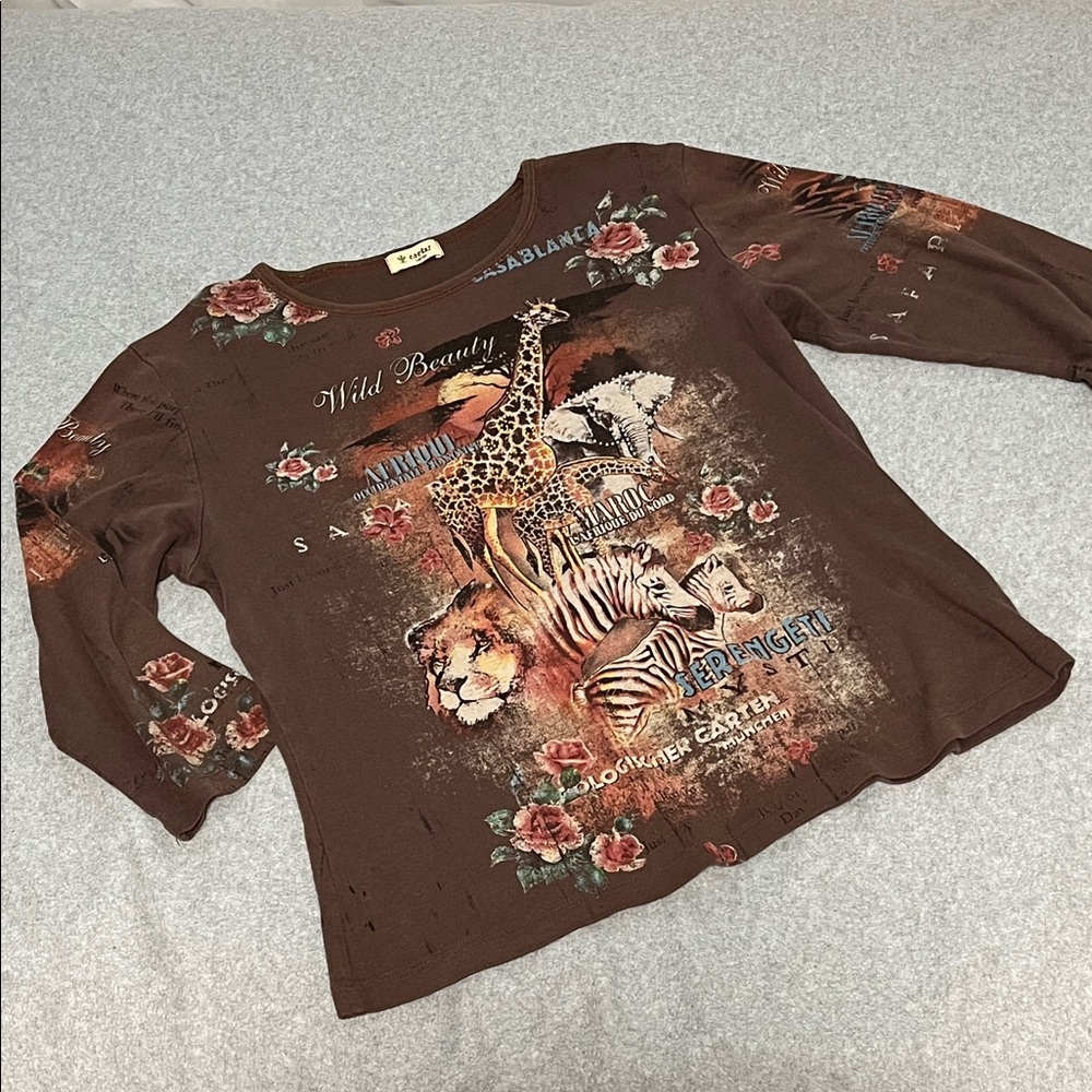 Y2K Cactus Animal Floral Top Large Brown Boho Biker Festival Moody Graphic Artsy